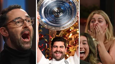 MasterChef's Andy Allen (left), Vinnie (middle), and Grace (right) celebrating the Finale win