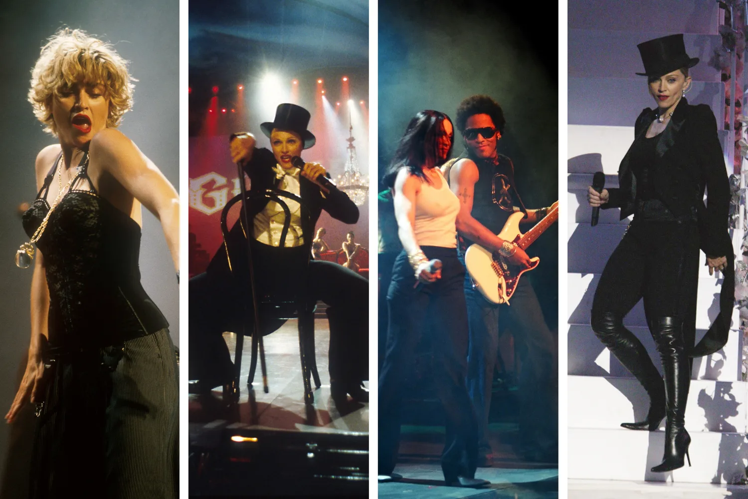 Madonna performing at the MTV VMAs in 1989, 1993, 1998, and 2003. Credit: Getty.