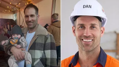 The Block's Foreman Dan with his son Fletcher (left) and wearing his hard hat (right).