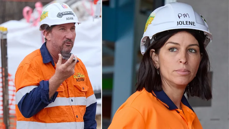 The Block's Adam on the phone wearing his hi-vis and helmet (left) and Jolene wearing hi-vis and his helmet looking over her shoulder (right).