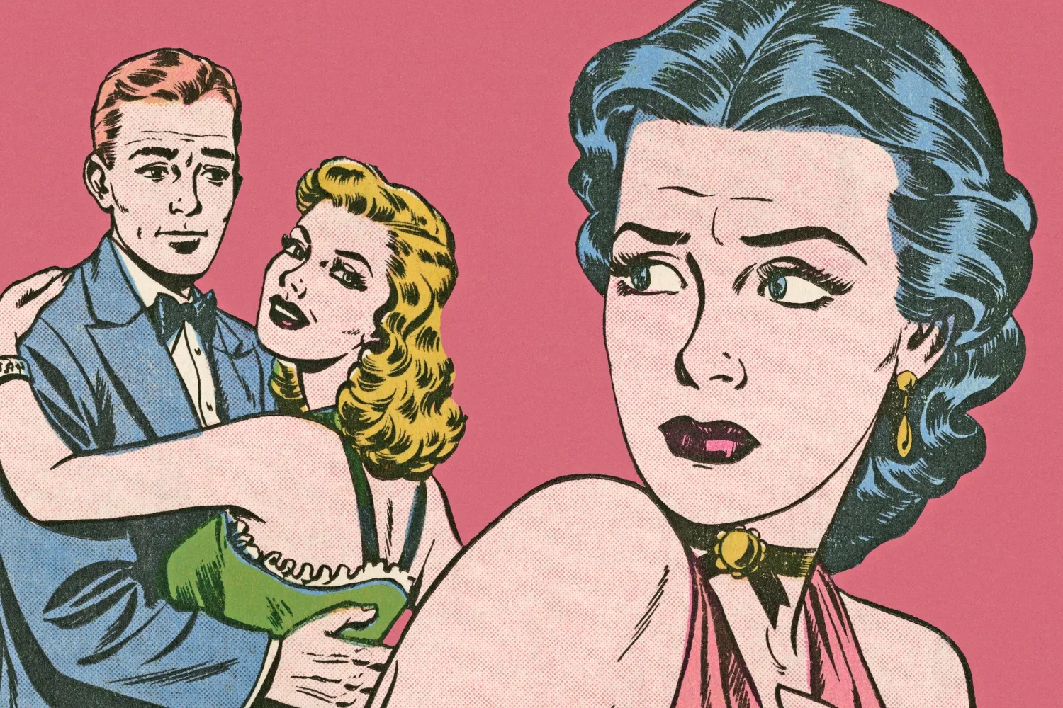Couple Hugging and Jealous Woman.