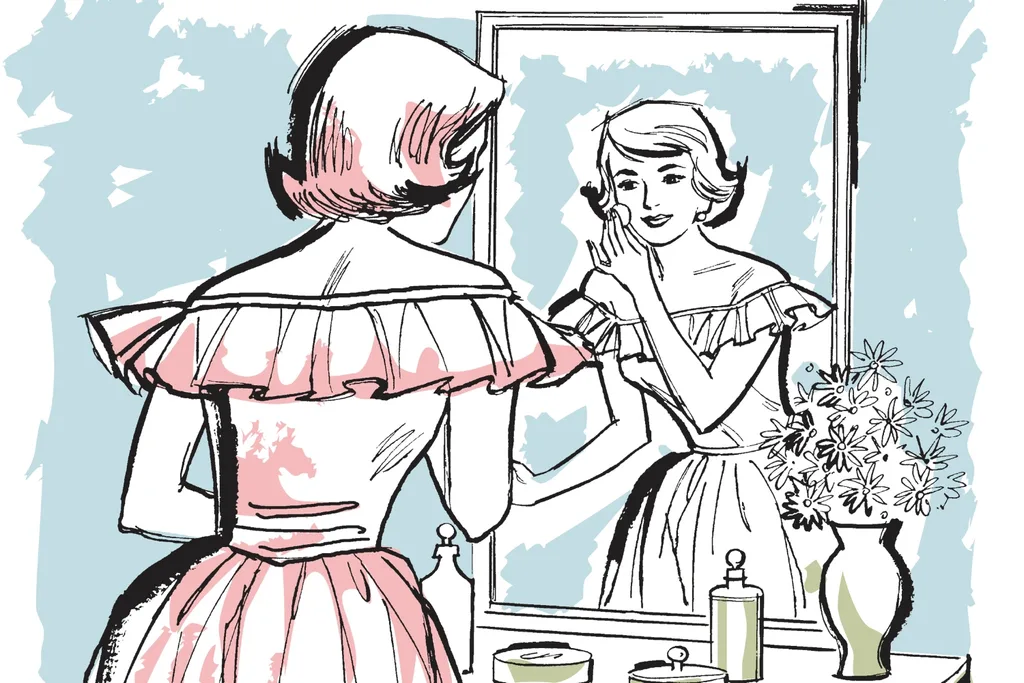Woman Looking in Mirror - stock illustration.