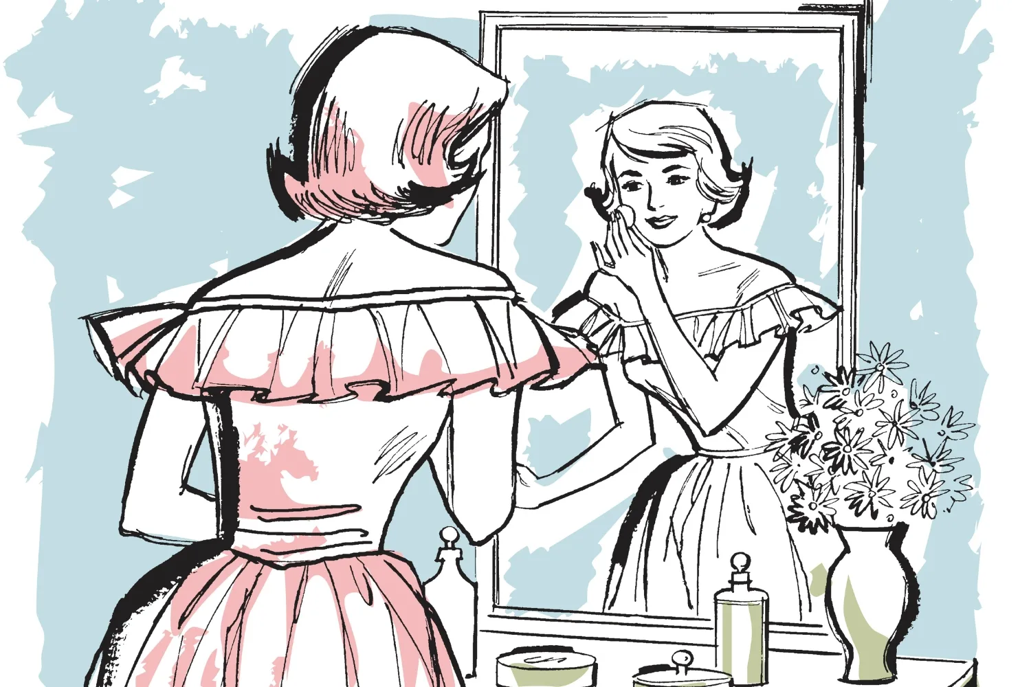 Woman Looking in Mirror - stock illustration.
