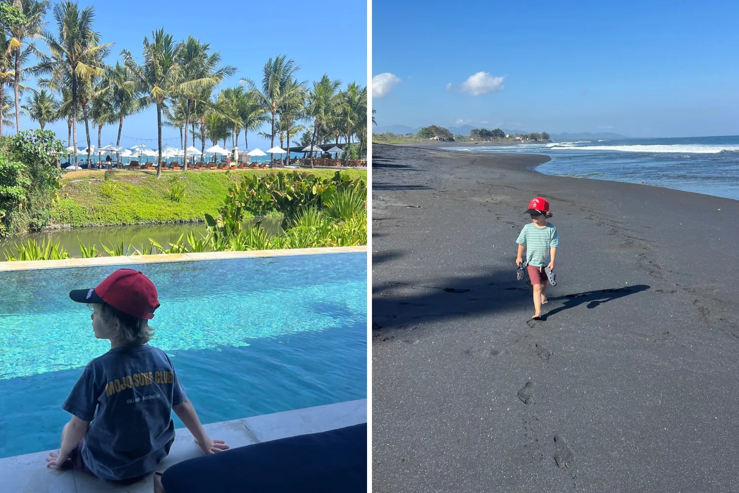 A side-by-side split photo of a young child in a red cap:

Left panel: The child sits on the edge of a clear blue swimming pool, looking out toward lush green palm trees and a resort area under a bright blue sky.

Right panel: The child walks along a wide, dark black-sand beach carrying sandals, leaving footprints behind as gentle ocean waves wash ashore in the background.