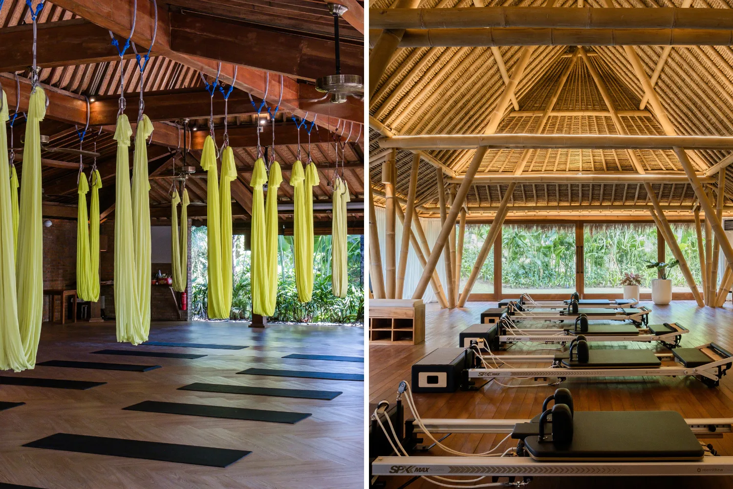A side-by-side split photo showcasing fitness studio spaces:

Left panel: An aerial yoga studio featuring bright yellow hammocks hanging from dark wooden ceiling beams above black mats arranged on a wooden floor, with lush tropical greenery visible in the background.

Right panel: A Pilates reformer studio housed inside an open-air pavilion made of light-colored bamboo beams and a high woven ceiling, lined with several black reformer machines facing glass windows looking out at green foliage.