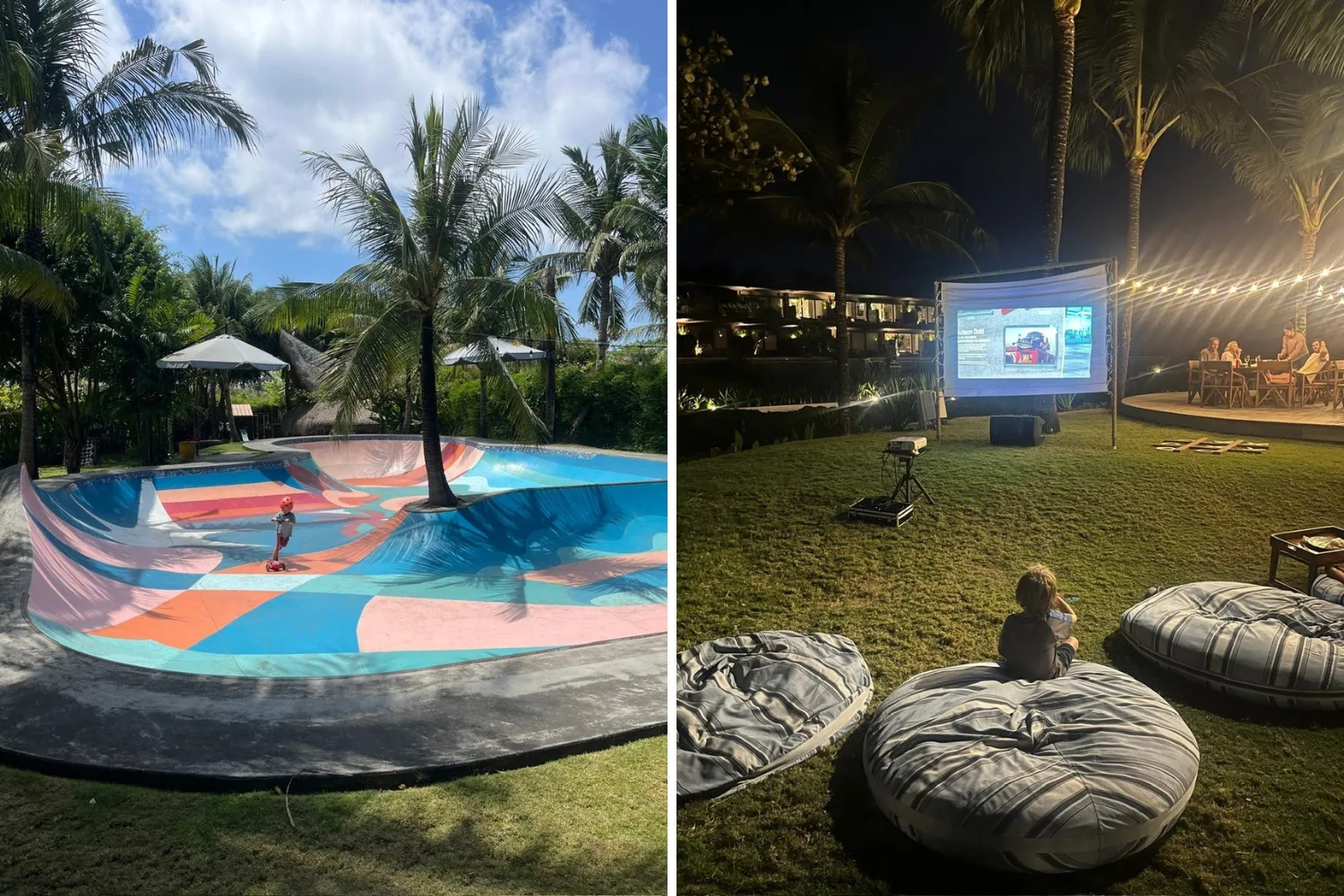 Alt Text Options:

Short: A split image showing a colorful outdoor skatepark by day on the left, and a person sitting on a beanbag watching an outdoor movie night on a lawn at night on the right.

Detailed: A split image featuring daytime and nighttime tropical resort activities. On the left, a bright daytime scene shows a vibrant, multi-colored skate bowl surrounded by palm trees, with a child riding a scooter inside. On the right, a nighttime scene shows an outdoor cinema setup on a grassy lawn with string lights, where a person sits on a large beanbag watching a movie projected onto a screen.