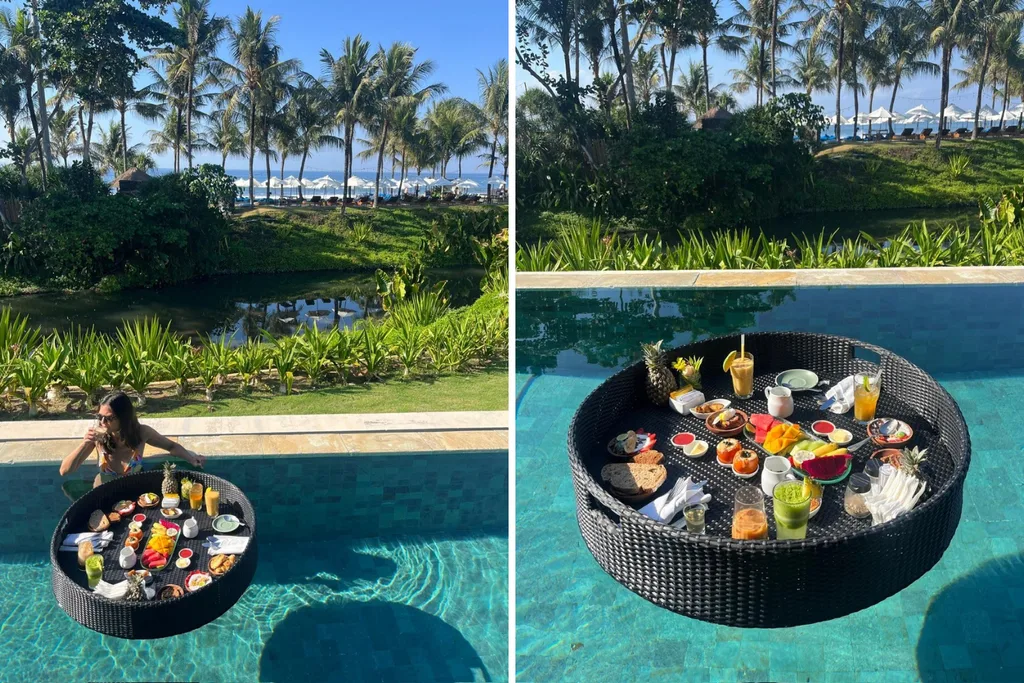 A split image showcasing a luxurious resort floating breakfast. On the left, a woman in a pool reaches for a large, round black woven tray filled with fresh fruit, pastries, and drinks, set against a background of lush green foliage and palm trees. On the right, a close-up shot shows the detailed floating tray laden with sliced tropical fruits, juices, coffee, and pastries resting on clear blue water.