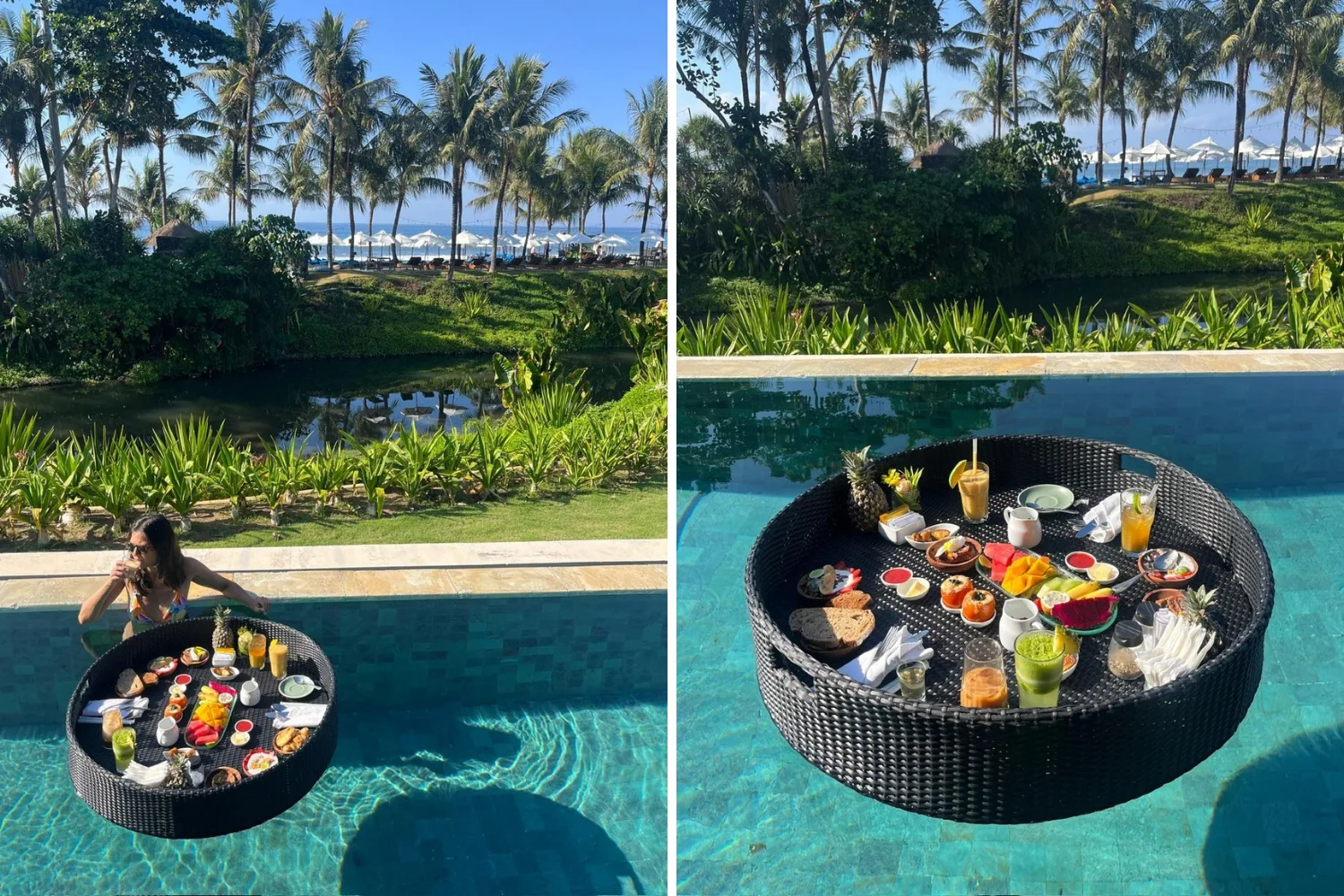 A split image showcasing a luxurious resort floating breakfast. On the left, a woman in a pool reaches for a large, round black woven tray filled with fresh fruit, pastries, and drinks, set against a background of lush green foliage and palm trees. On the right, a close-up shot shows the detailed floating tray laden with sliced tropical fruits, juices, coffee, and pastries resting on clear blue water.