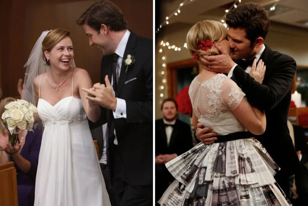 Two wedding scenes side by side: a smiling bride and groom celebrate at the altar, while another newlywed couple kiss during their ceremony.