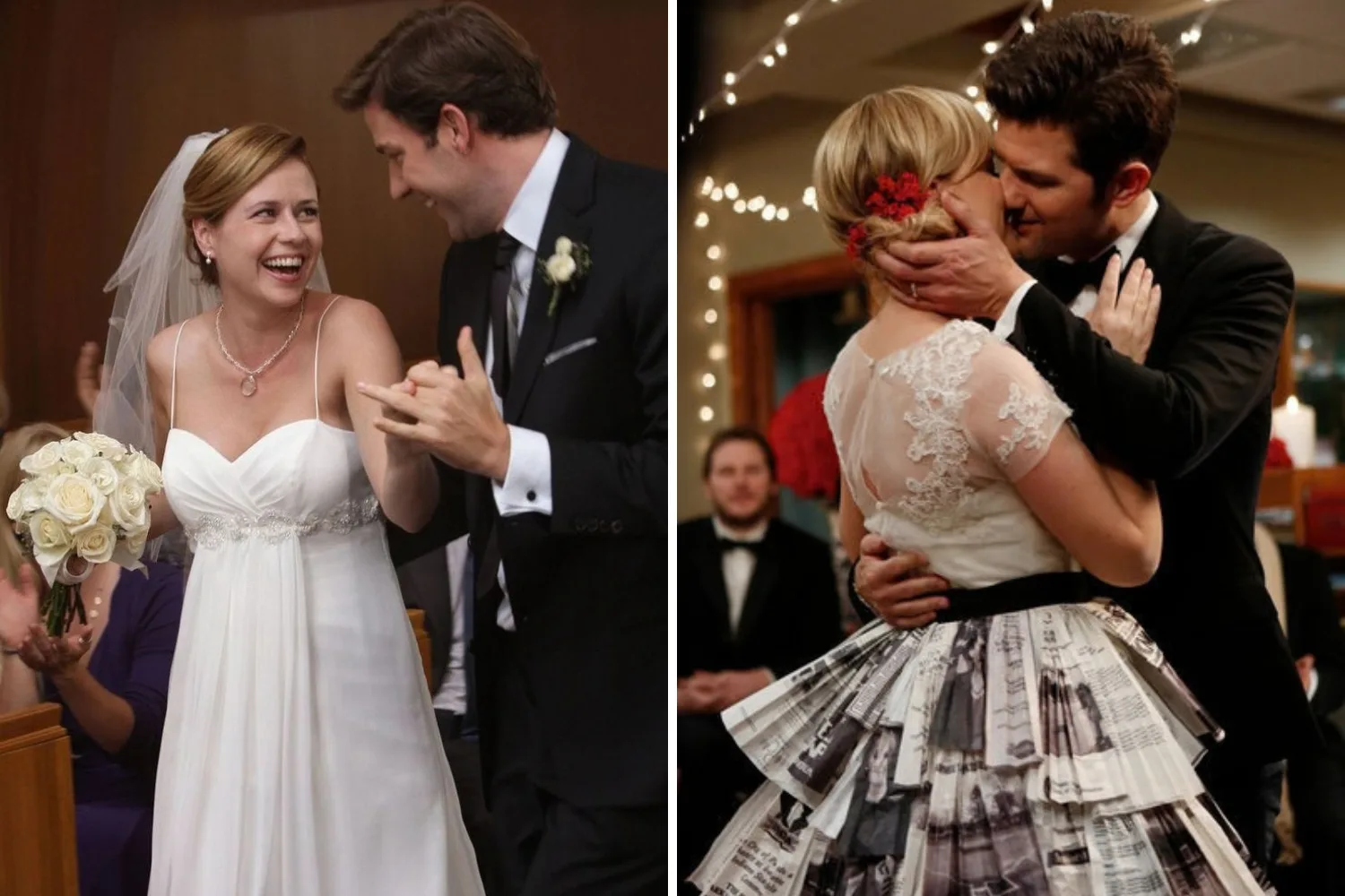 Two wedding scenes side by side: a smiling bride and groom celebrate at the altar, while another newlywed couple kiss during their ceremony.