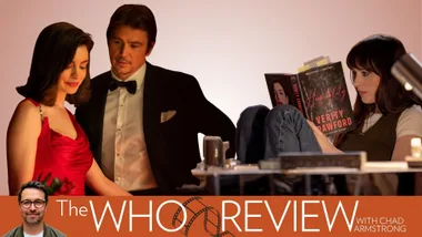 Promotional graphic for The WHO Review with Chad Armstrong, featuring scenes from the film Verity. On the left, Anne Hathaway wears a red satin evening gown while Josh Hartnett, dressed in a black tuxedo and bow tie, stands beside her. On the right, Dakota Johnson sits with her knees drawn up, wearing jeans and a brown vest over a white T-shirt, reading a copy of Colleen Hoover’s novel Hopeless, with Verity visible behind it. The images are set against a soft pink background with warm lighting. An orange banner runs along the bottom, featuring the title ‘The WHO Review with Chad Armstrong’ in large white lettering, a film reel graphic and a photograph of Chad Armstrong wearing glasses.