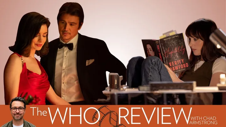 Promotional graphic for The WHO Review with Chad Armstrong, featuring scenes from the film Verity. On the left, Anne Hathaway wears a red satin evening gown while Josh Hartnett, dressed in a black tuxedo and bow tie, stands beside her. On the right, Dakota Johnson sits with her knees drawn up, wearing jeans and a brown vest over a white T-shirt, reading a copy of Colleen Hoover’s novel Hopeless, with Verity visible behind it. The images are set against a soft pink background with warm lighting. An orange banner runs along the bottom, featuring the title ‘The WHO Review with Chad Armstrong’ in large white lettering, a film reel graphic and a photograph of Chad Armstrong wearing glasses.