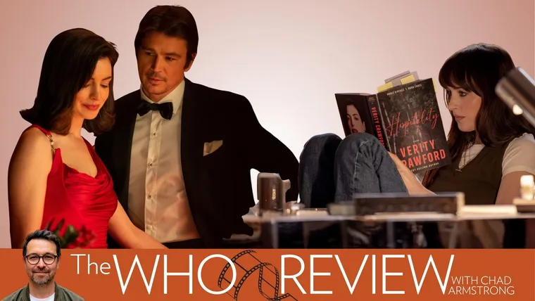Promotional graphic for The WHO Review with Chad Armstrong, featuring scenes from the film Verity. On the left, Anne Hathaway wears a red satin evening gown while Josh Hartnett, dressed in a black tuxedo and bow tie, stands beside her. On the right, Dakota Johnson sits with her knees drawn up, wearing jeans and a brown vest over a white T-shirt, reading a copy of Colleen Hoover’s novel Hopeless, with Verity visible behind it. The images are set against a soft pink background with warm lighting. An orange banner runs along the bottom, featuring the title ‘The WHO Review with Chad Armstrong’ in large white lettering, a film reel graphic and a photograph of Chad Armstrong wearing glasses.