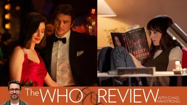 Split image showing a woman in a red evening dress standing beside a man in a black tuxedo at a formal event, and a brunette woman sitting on a sofa reading Hospitality by Verity Crawford, with the book’s cover clearly visible.