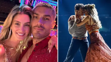 Delta Goodrem and Chris Appleton smiling together (left) and Delta dancing with her dance partner on Strictly Come Dancing (right).