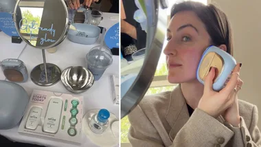 The Shark GlowPro Glow device being used by Who's Digital Editor Sophie Coghill (right) and the device laid out on a table (right).