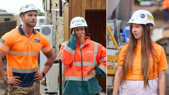 The Block's Chantel and Wyatt (left) and Lisa all wearing hard hats and high-vis.