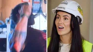The Block's Chantel (right) with her hard hat and high-vis on and Wyatt pulling weight on the ABC show Dustfall (right).