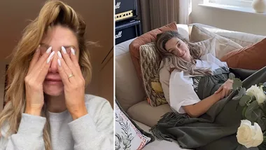 Delta Goodrem upset (left) and lying on the couch (right).