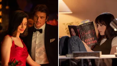 Split image showing a woman in a red evening dress standing beside a man in a black tuxedo at a formal event, and a brunette woman sitting on a sofa reading Hospitality by Verity Crawford, with the book’s cover clearly visible.