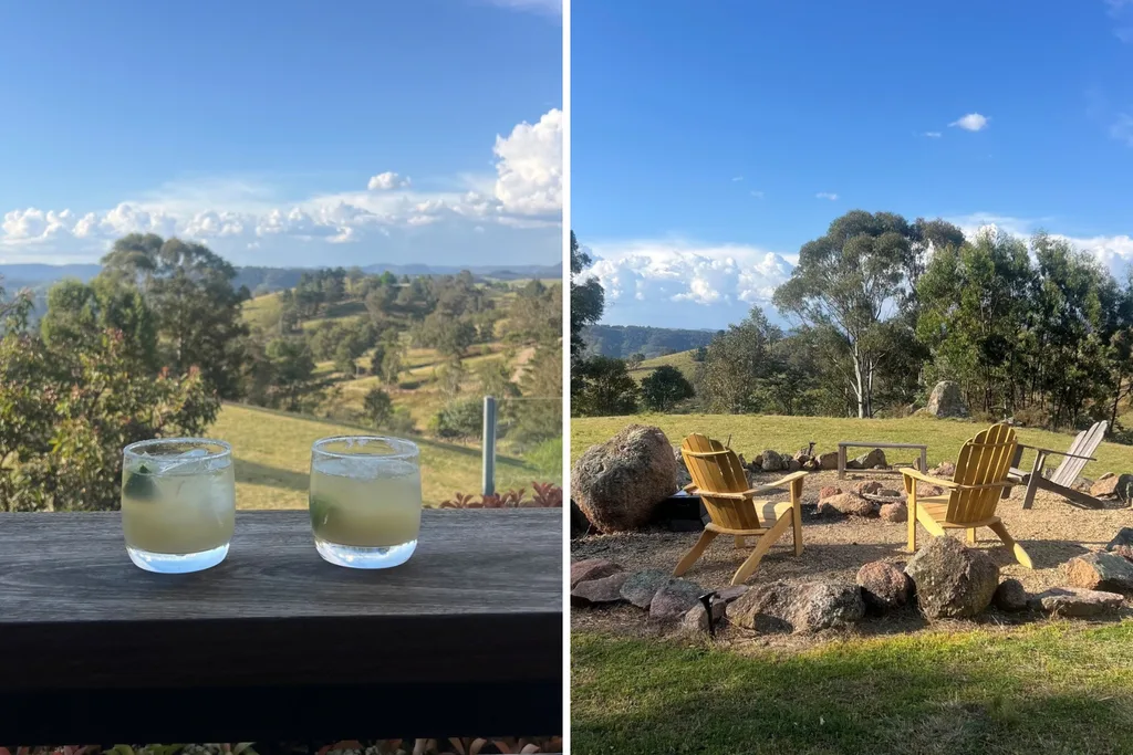 split screen of two margaritas on a bar and a firepit
