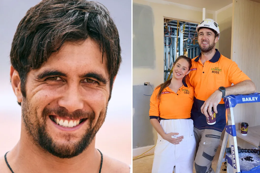 Ethan Browne (left) and The Block's Lisa and Rosco smiling by a ladder (right).