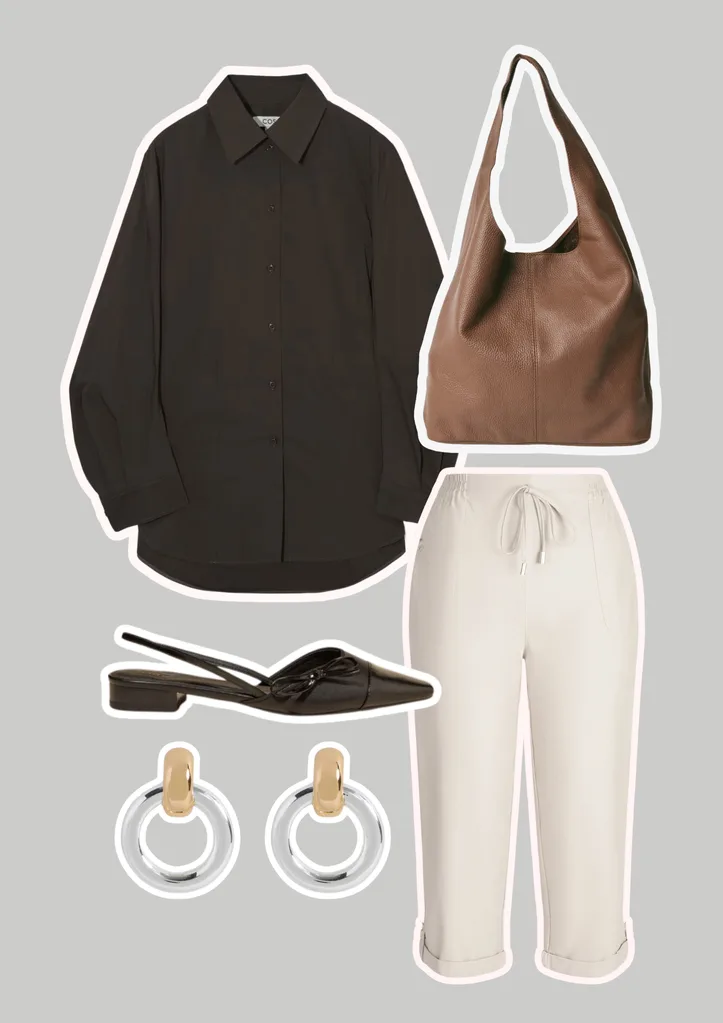Capri pants with shirt, bag and flat shoes