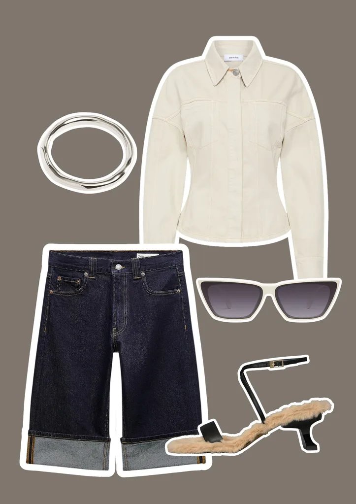 Denim capris with a denim shirt and heels