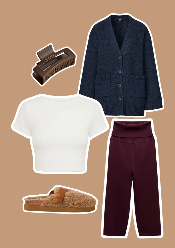Capri pants with cardigan and slides