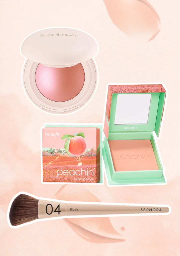 Benefit peachin' blush, Rare Beauty powder blush, Sephora blush brush