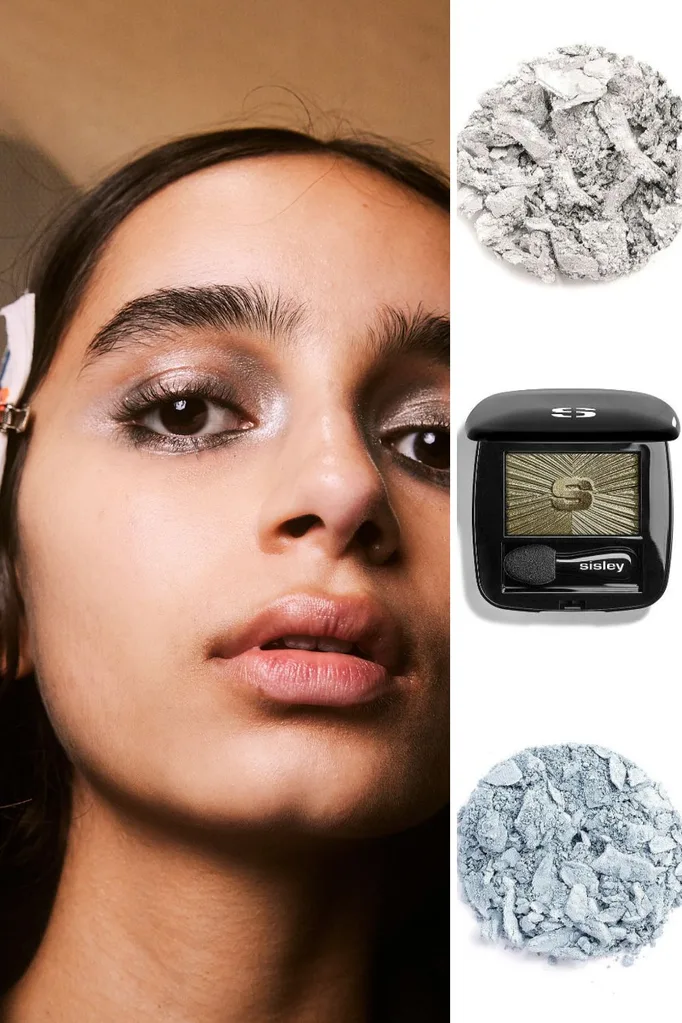 model with silver eyeshadow and sisley paris eyeshadow products