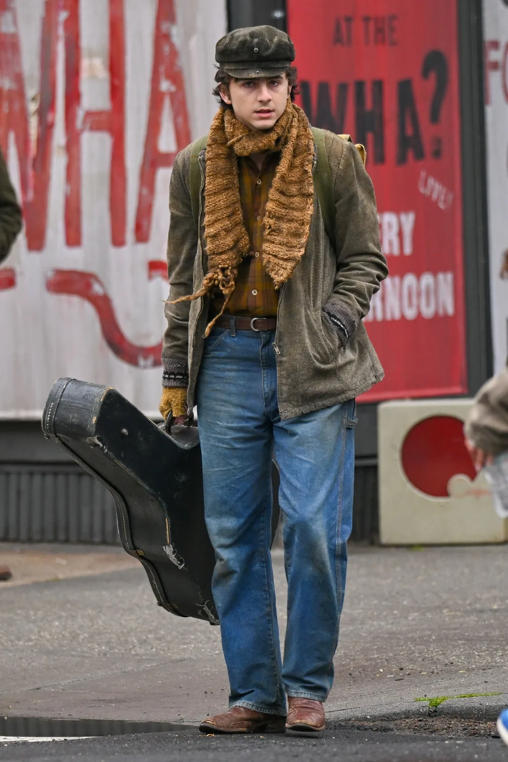 Timothee Chalamet as Bob Dylan on the set of A Complete Unknown. 