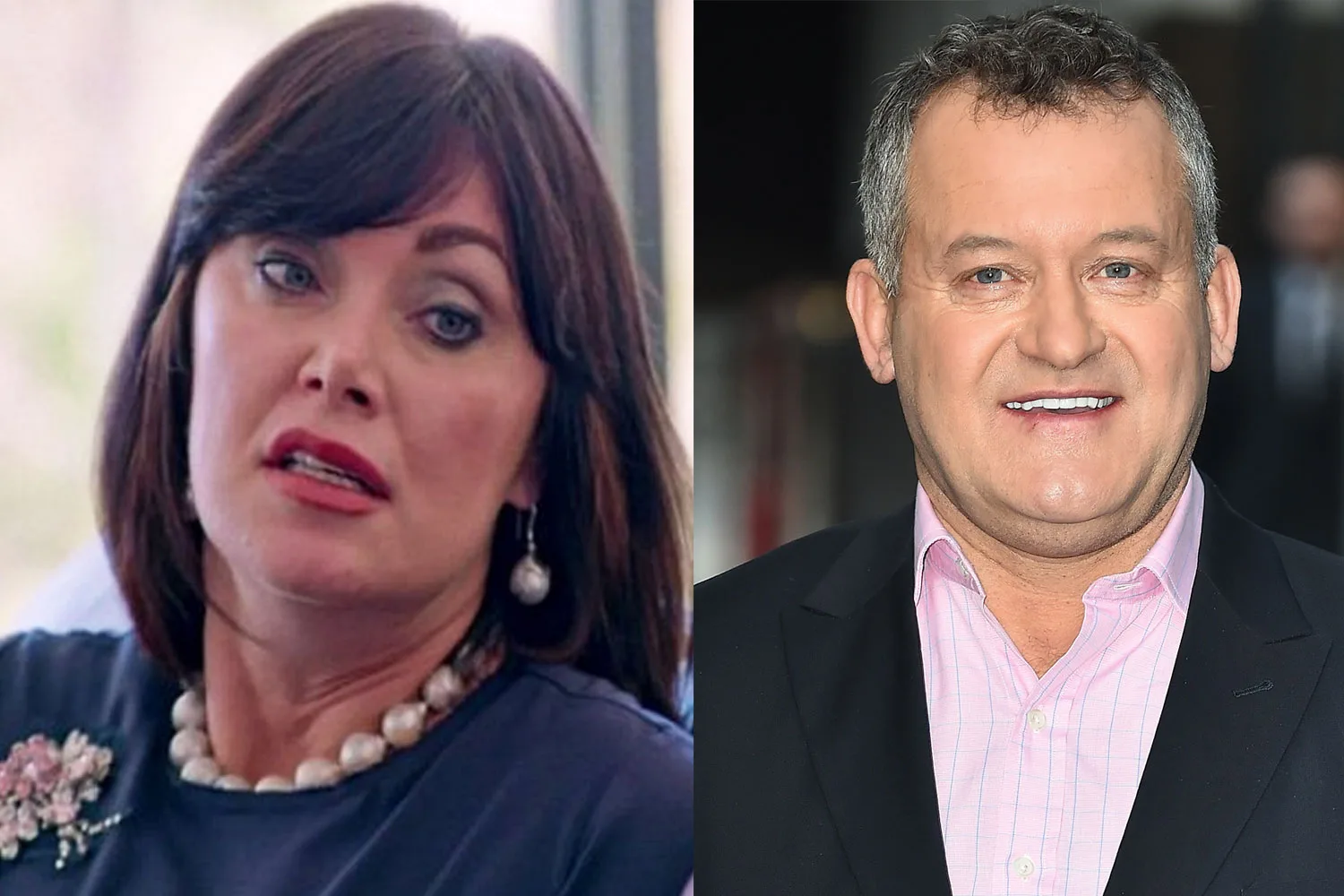 Two separate images: a woman with dark hair in a blue top and a man in a suit smiling, both looking towards the camera.