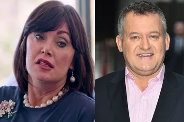 Two separate images: a woman with dark hair in a blue top and a man in a suit smiling, both looking towards the camera.