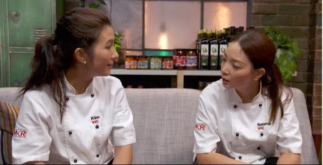 Kim and Suong shared a tense moment in the breakroom before their dessert cooking time on the 'MKR' grand final.