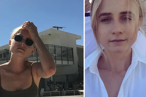 Two women outdoors, one wearing sunglasses touching her head, the other in a white shirt looking directly at the camera.
