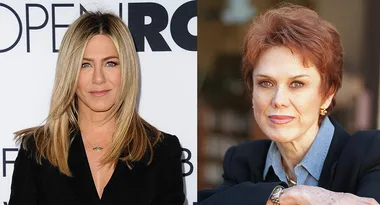 Two women side by side: one with long blonde hair and a black outfit, the other with short reddish hair and a blue shirt.