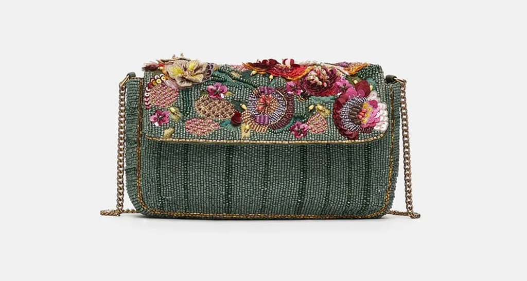 Green floral embroidered crossbody bag