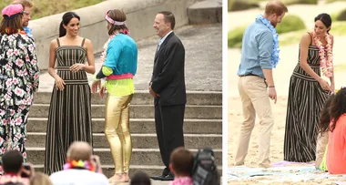 Meghan Markle wears a Martin Grant maxi dress in Bondi for Day 4 of Australian Royal Tour