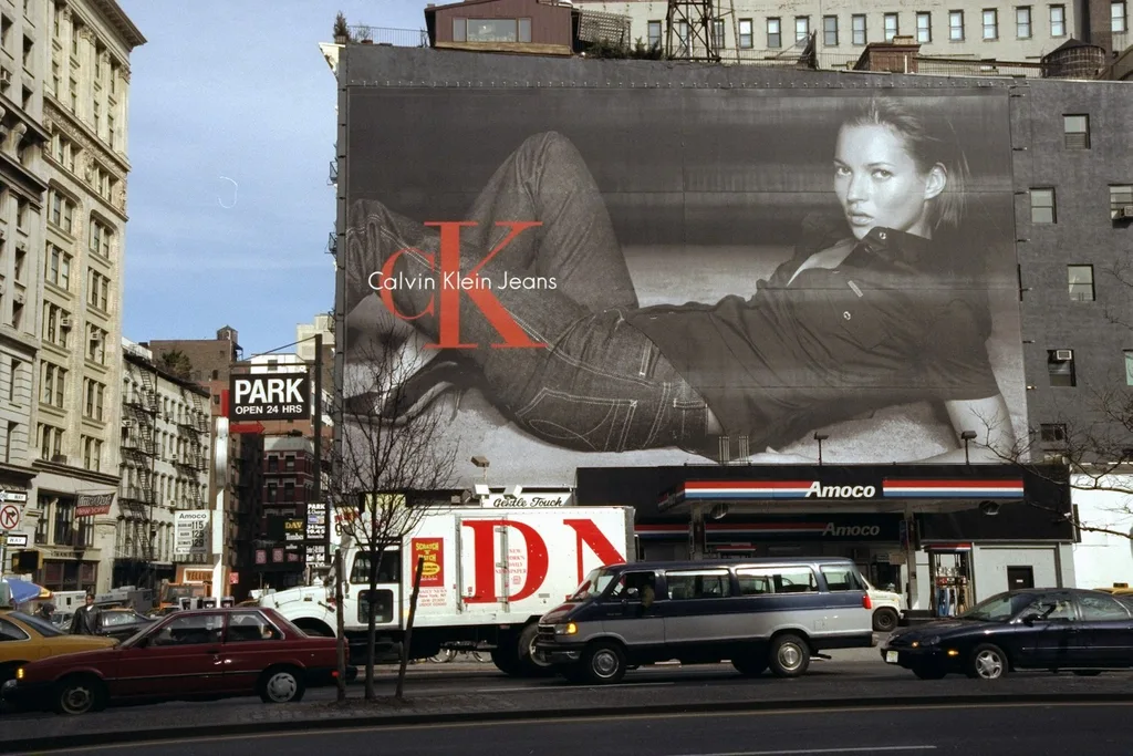 Kate Moss models CK jeans on a billboard in NYC