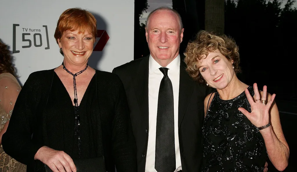 Ray Meagher (Alf) with his onscreen Home and Away sister Cornelia Frances (Morag) and wife Judy Nunn (Ailsa)