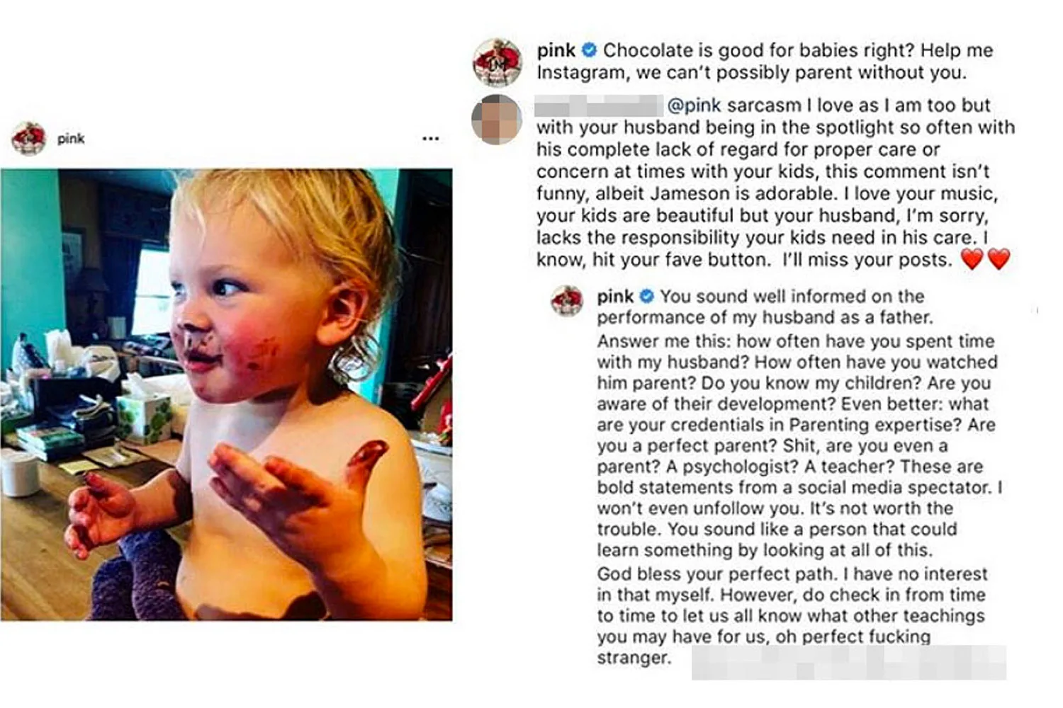 Pink claps back at online criticism about Carey Hart's parenting WHO(00)