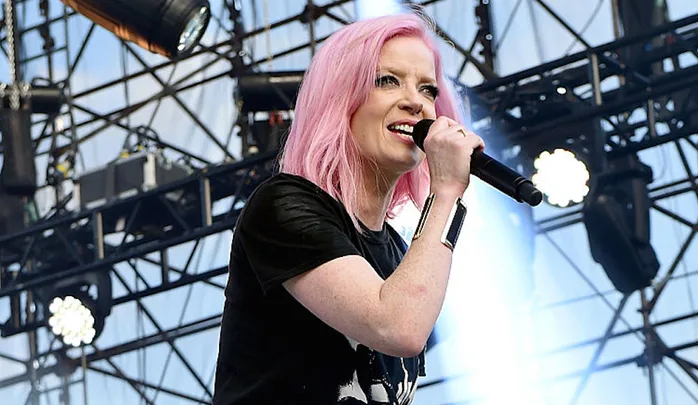 Singer with pink hair performing on stage, holding a microphone, with stage lights and equipment in the background.