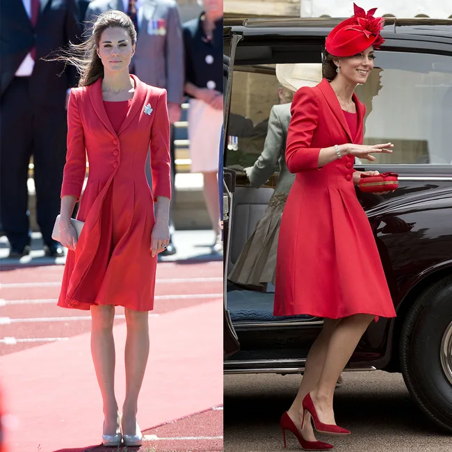 Two women in red dresses; one stands outdoors, the other by a car wearing a matching hat.