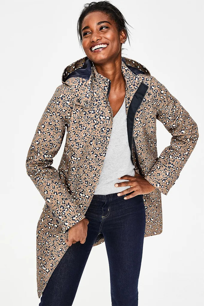 Boden Suki Waterproof Coat - Soft Truffle, Animal, $260