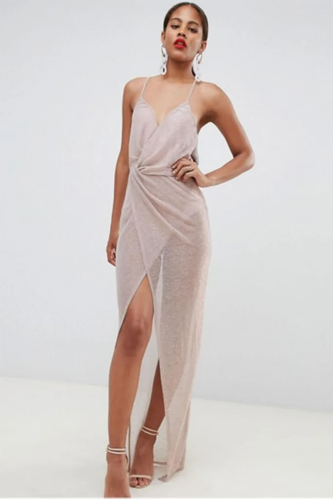 ASOS DESIGN Tall Metallic Sheer Maxi Dress, $76