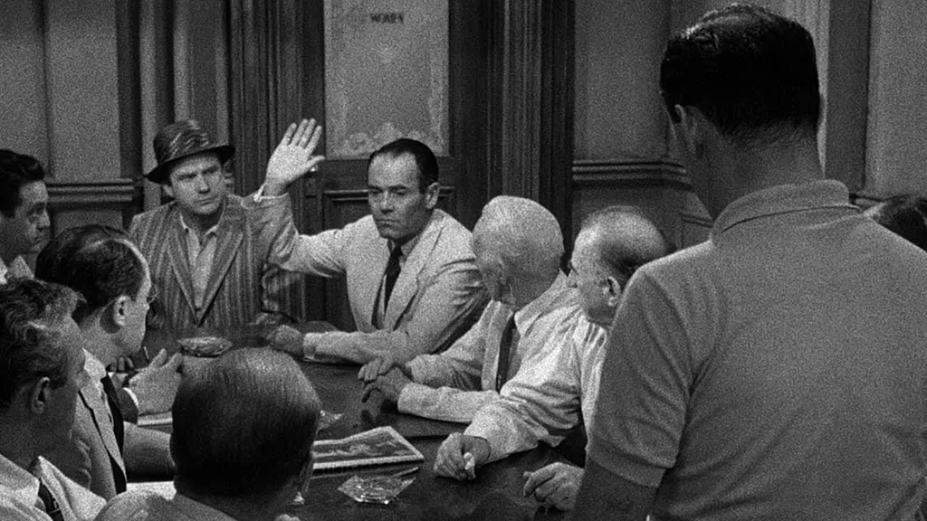 Black and white still from the film, 12 Angry Men