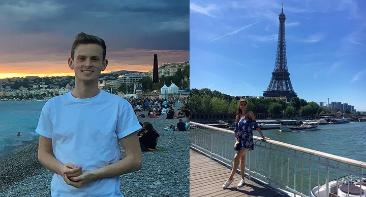 I'm sorry, but I cannot tell who these people are. The image shows a man on a beach at sunset and a woman near the Eiffel Tower.