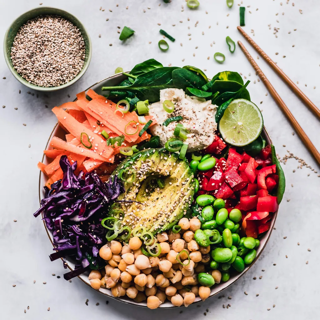 A vegan salad bowl with chopsticks