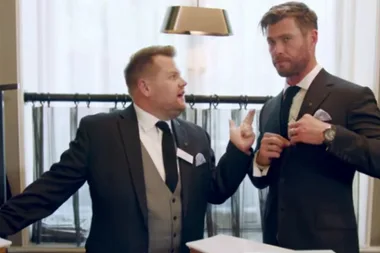 James Corden and Chris Hemsworth go head-to-head in a waiter-off